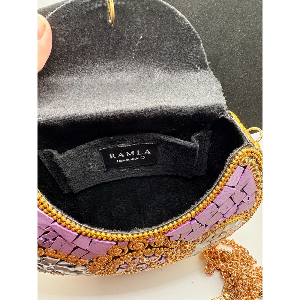Ramla BOHO Mosaic Shell Clutch - Gold & Purple Inlay Statement Purse - Picture 3 of 5